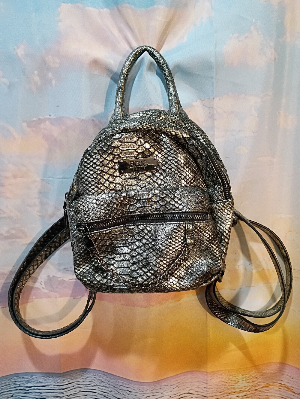 BCBG. Metallic Snake-Embossed Mini Backpack - Silver